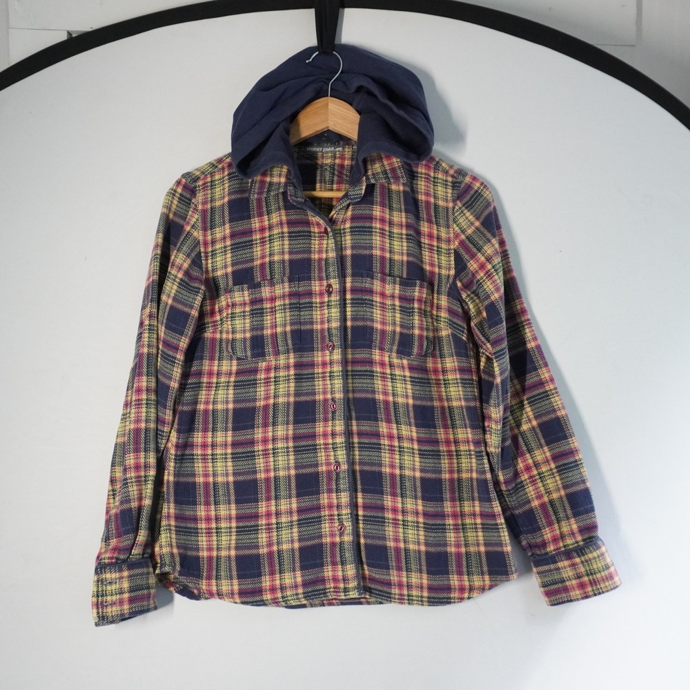 Horny Toad Flannel Shirt Hooded Plaid Button Up Long Sleeve Casual S Pink Blue